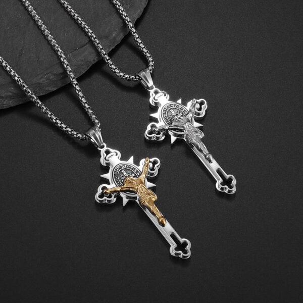 87c364e9be6c37a7f5da25fb59d5a280_H4f8ddad2efa443dd97f5f653fb7bcba2P_avif=close&webp=close KOMI Cross Necklace for Men Silver Gold Stainless Steel St.Benedict Jesus Cross PendantNecklace for Men Box Chain 24 Inches Gift