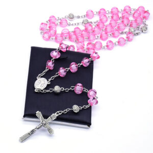 Komi Wholesale Religious Pink Crystal Rose Beads Praying Our Lady Medal Jesus Cross Pendant Jewelry Rosary Beads Necklace