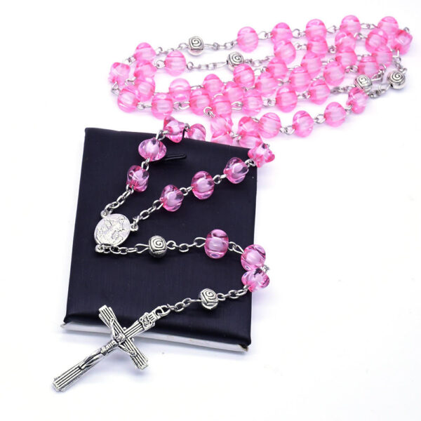 8b37442b8edaad697c9f7a86576b14ae_H6eeeeabd438445b4b7f123a1a424a53av_avif=close&webp=close Komi Wholesale Religious Pink Crystal Rose Beads Praying Our Lady Medal Jesus Cross Pendant Jewelry Rosary Beads Necklace