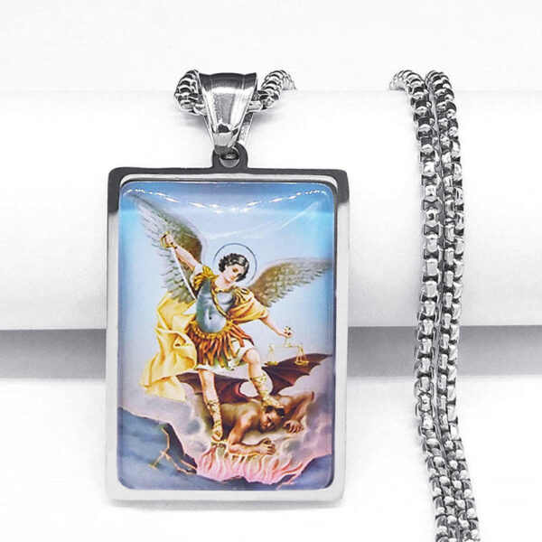 8cb5dc1435d7bd826474b11355f1abbd_H266d76ab3bc14b83a31495d8e89a6715L_avif=close&webp=close KOMI Wholesale Geometric Rectangle Stainless Steel Glass Figure Michael Archangel Pendant Necklaces for Men Boys Religious Gifts