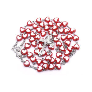 2024 Komi Wholesales Christian Plastic Red Heart Shaped Beads Jesus Cross Pendant Prayer Rosary Necklace