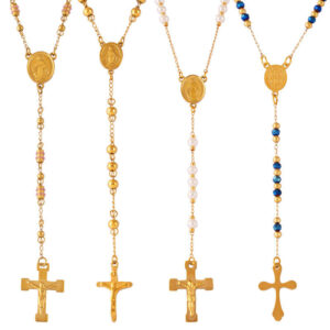 KOMI Gold Beaded Rosary Necklace for Women Stainless Steel Y Necklace Beads Chain Crucifix Cross Pendant Necklaces for Women
