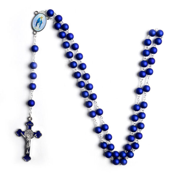 2024 Komi Wholesales Religious Catholic 8mm Blue Acrylic Grind Arenaceous Beads Chain Prayer Rosary Necklace