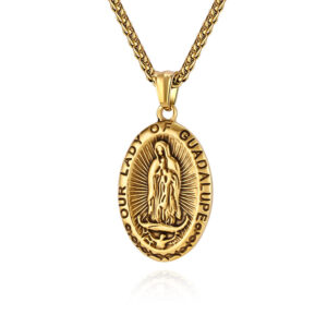 KOMI Vintage Santa Maria Pendants Antique Silver Gold Stainless Steel Oval Virgin Mary Medal Pendant Necklace for Women Girls