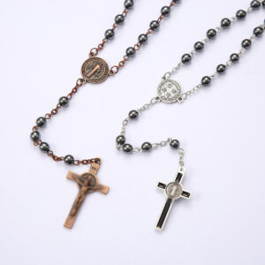 Wholesales Religious Catholic Black Gallstone Hematite Beads Jesus Cross Pendant Rosary Beads Necklace