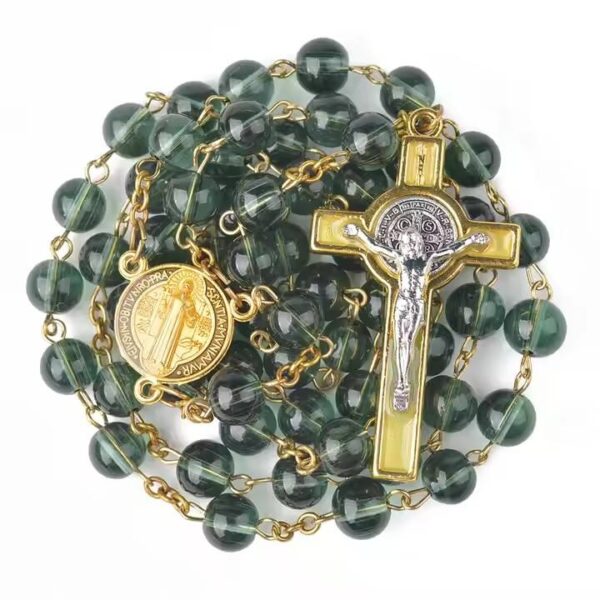 Hot Selling Gold Chain Saint Benedict Medal Rosary Glass Multicolor Beads Jesus Cross Religious Necklace Prayer RN-229
