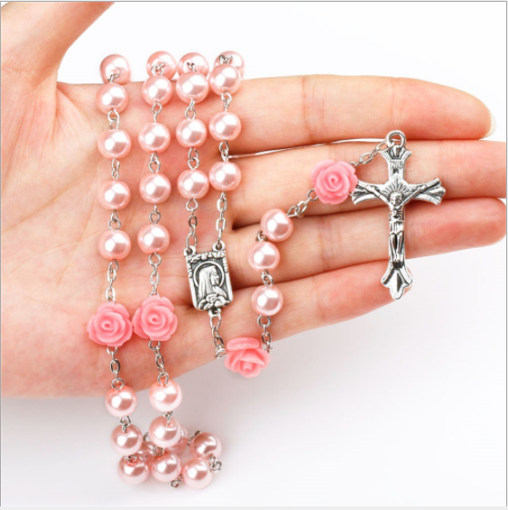 9189c981f3525aa1fb5527a5cf8ca292_H437d3c4e778f4ae1b50524b4d3109e14X_avif=close&webp=close Rosary Plastic Pearl 8mm Beads with Rose Flower Beads Our Lady of Lourdes Medals Jesus Cross Christ Maria Necklace for Pray
