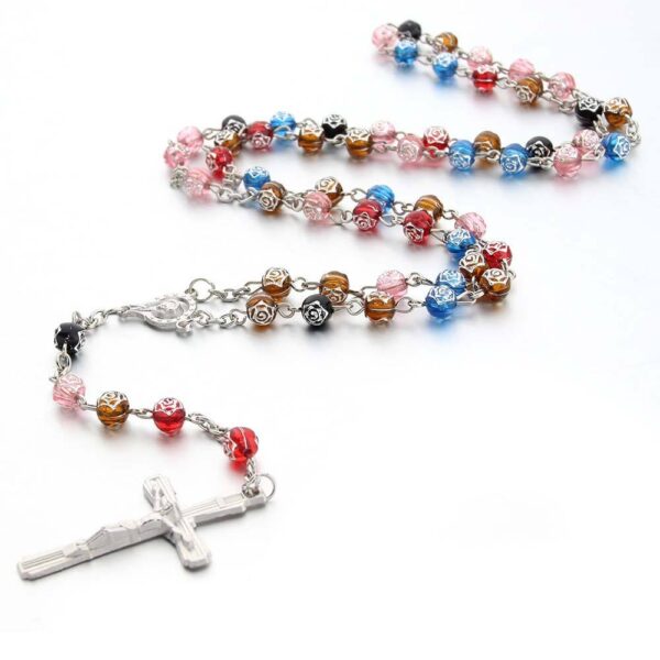 Komi Wholesales Christian Rose Beads Rosary Crucifix Virgin Mary Pendant Rosary Necklace