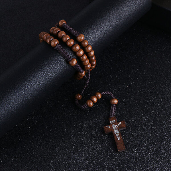 New Hand-woven Rope Wooden Beads Jesus Cross Pendant Necklace Multicolor Rosary Necklace
