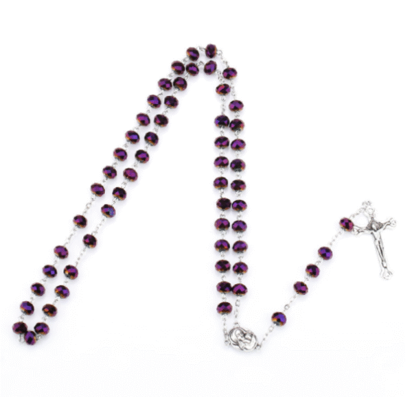 2023 Hot Sell Rosary 8*6mm Glass Cut Face Crystal Jesus Cross Christ Maria Stock Rosary Necklace