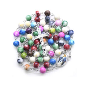 8mm Colorful Rose Bead Rosary Alloy Cross Virgin Mary Pendant Christian Catholic Religious Jewelry Necklace