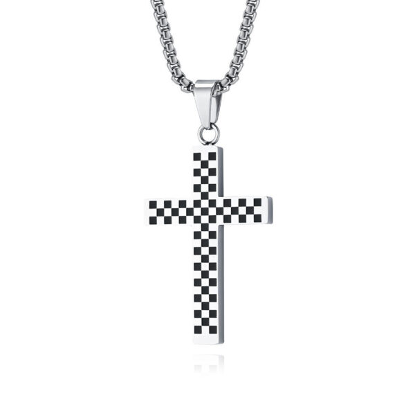 KOMI Cross Necklace for Men Black and White Checkerboard Gold Black Plated Stainless Steel Cross Pendant Necklace 24Inches Chain