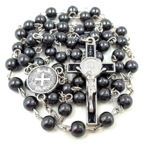 Komi Wholesales Religious Catholic Black Gallstone Hematite Beads Jesus Cross Pendant Rosary Beads Necklace