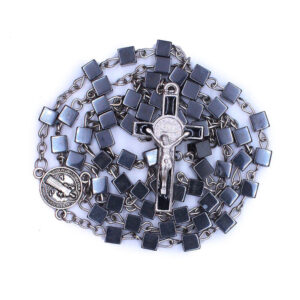 Komi Square Black Gallstone Cross Pendant Necklace Catholic Religious Jewelry Rosary Necklace