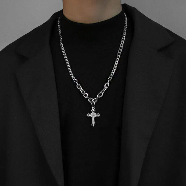 KOMI Men Cross Pendant Necklace with Chunky Chain Punk Jewelry Stainless Steel Rhinestone Crystal Layered Cross Necklace for Men