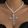 KOMI Womens Silver Gold Exaggerated Large Pearl Cross Pendant Necklace for Women Girls with 17.7" Pearl Beaded Chain Necklaces