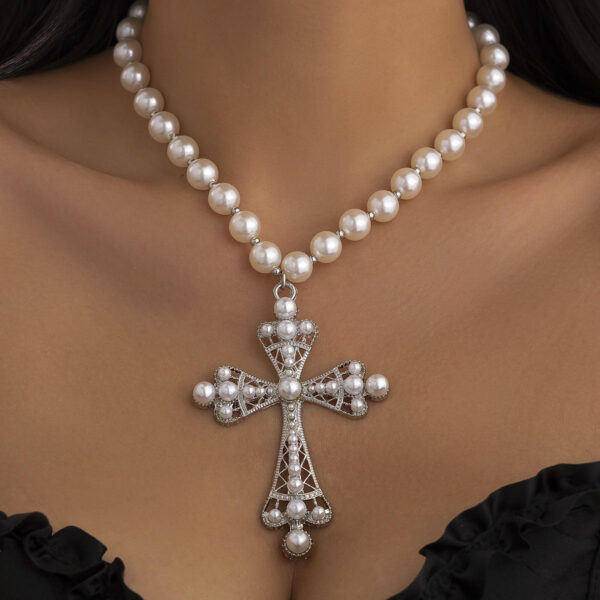 KOMI Womens Silver Gold Exaggerated Large Pearl Cross Pendant Necklace for Women Girls with 17.7" Pearl Beaded Chain Necklaces
