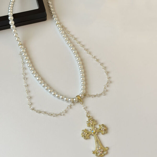 KOMI Vintage Gold Plated Rhinestone Cross Pendant Necklaces Layered Pearl Beaded Chain Crystal Fringe Necklace for Women Girls