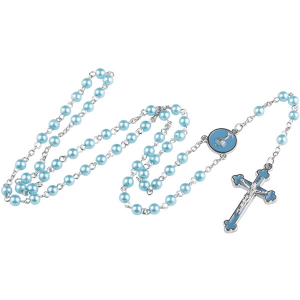 KOMI Imitation Pearls Rosary Beads Necklace for Women Lake Blue Royal Pink Pearl Beaded Necklace Enamel Cross Pendant Necklaces
