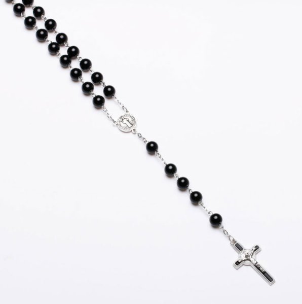 2024 Hot Sell Rosary 8mm Black Glass Pearl Jesus Cross Christ Maria Necklace for Pray