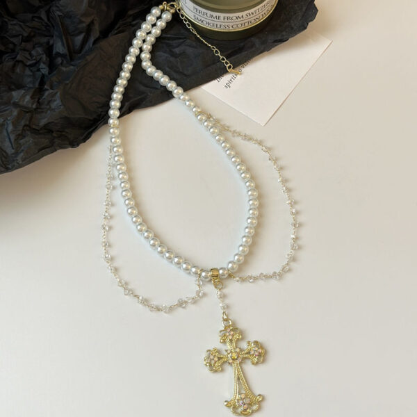 KOMI Vintage Gold Plated Rhinestone Cross Pendant Necklaces Layered Pearl Beaded Chain Crystal Fringe Necklace for Women Girls