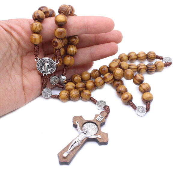 Catholic Brown Wooden Rosary Beads with Soil Orthodox Cross Woven Rope Necklace of Religious Jewelry Men Women