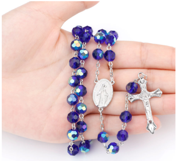 2024 Hot Sell Rosary Dark Blue Glass Crystal Jesus Cross Christ Maria Stock Necklace