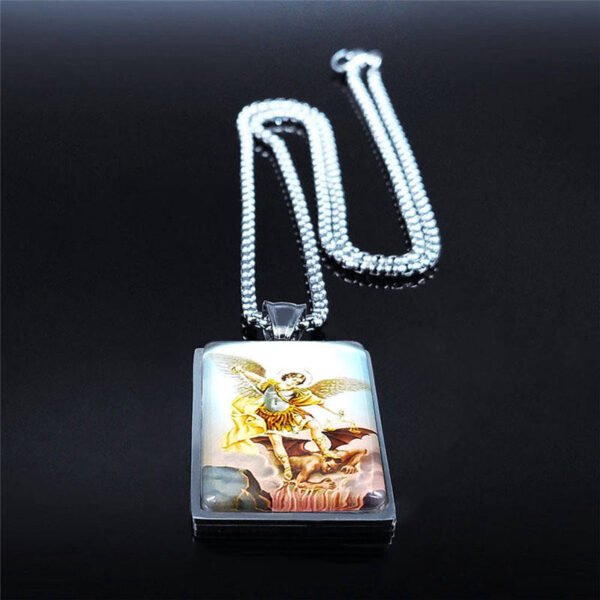 9c257e1f65653b6cf219640b7c4ec1d6_H2d7c2d0fcf944a62af3fa77a6947a758f_avif=close&webp=close KOMI Wholesale Geometric Rectangle Stainless Steel Glass Figure Michael Archangel Pendant Necklaces for Men Boys Religious Gifts