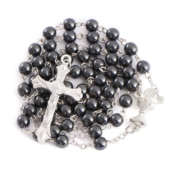 Komi Hot Sell Rosary Black Gallstones Necklaces Jesus Virgin Mary Catholic Religious Rosary Necklace for Pary