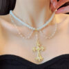 KOMI Vintage Gold Plated Rhinestone Cross Pendant Necklaces Layered Pearl Beaded Chain Crystal Fringe Necklace for Women Girls
