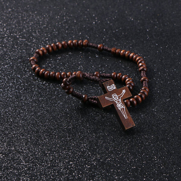 KOMi Vintage Chiro Cross Wooden Rosary Beads Charm Bracelets Catholic Christian Orthodox Fashion Religious Jewelry Gift R-159