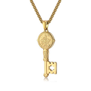 KOMI Saint Benedict Exorcist Stainless Steel Key Pendant Necklace Silver St.Benedict Religious Pendant Chain Necklace for Men
