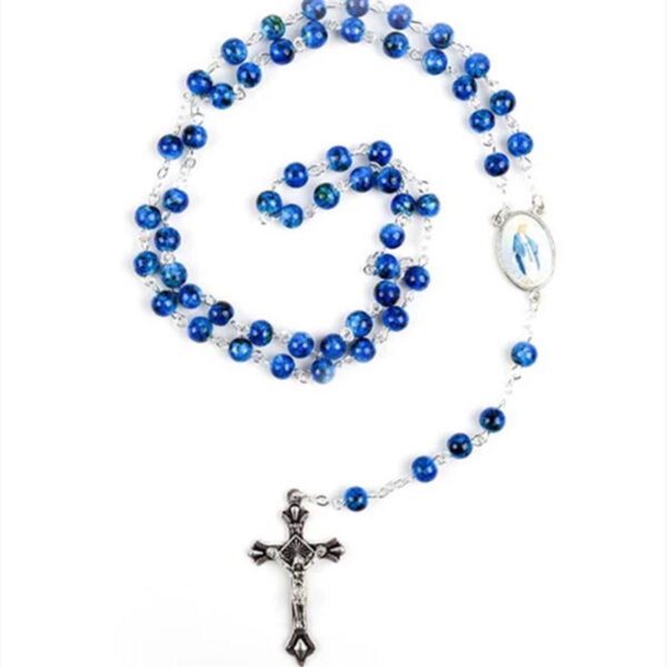 6mm Multi Color Glass Beads Rosary Necklace with Our Lady of Miracles Communion Medal Center and Jesus Cross Pendant Necklace