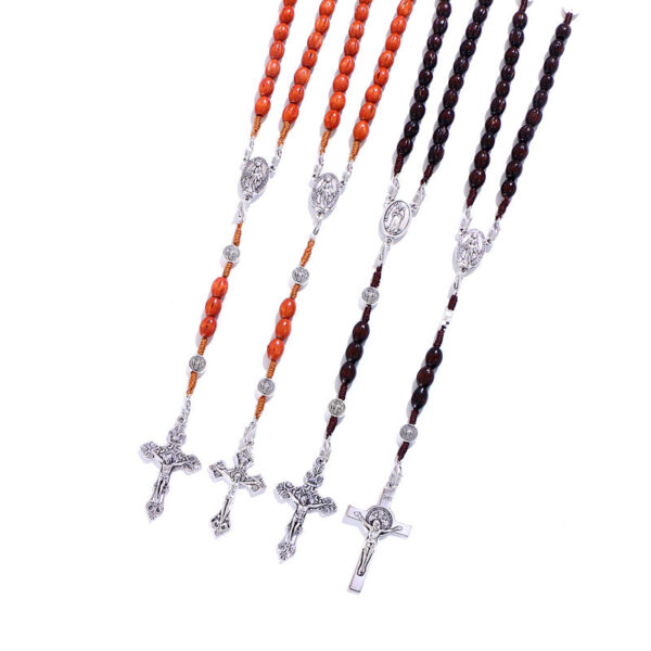 KOMi Handmade Weave Round Antique Wooden Rosary Cross Necklace Vintage Catholic Religious Jesus Jewelry Wholesale 2 Color Beads