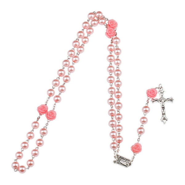 KOMI Multicolor 6mm Imitation Pearl Rose Flowers Catholic Jesus Cross Our Lady of Lourdes Virgin Mary Religious Rosary Necklace