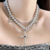 KOMI Punk Layered Necklace Crystal Beads Metal Chain Baroque Pearl Beaded Folded Cross Pendant Chokers Necklaces for Women Girls