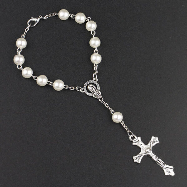 H000d9deb2cd9435a8eb9c04dd177a7e2s Golden Tori Glass Imitation Pearl Alloy Jesus Cross Gold St. Benedict Medal Catholic Rosary Bracelet Religious Pendant Bracelet
