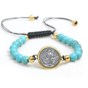 KOMI 8mm Turquoise Beaded Bracelets Round Coin Saint Benedict Medal Charm Adjustable Stretch Bracelets Bangles for Men Women