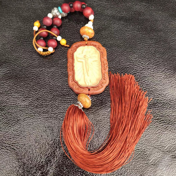 H036cfadd57b34f548b6ee1d057c3cdabf KOMI Car Decoration Exquisite Boxwood Cross with Tassels Car Pendant Square WoodJesus Cross Car Wall Hanging Crafts Gifts