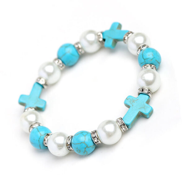 KOMI Dainty Pearl Rhinestone Crystal Beads Bracelet Adjustable Elastic Colored Turquoise Cross Beaded Bracelets for Women Men