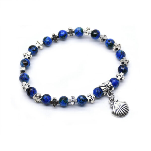 Hot Selling Blue Glass Shell Jesus Cross Crucifix Bracelet Jewelry Beaded Bracelet