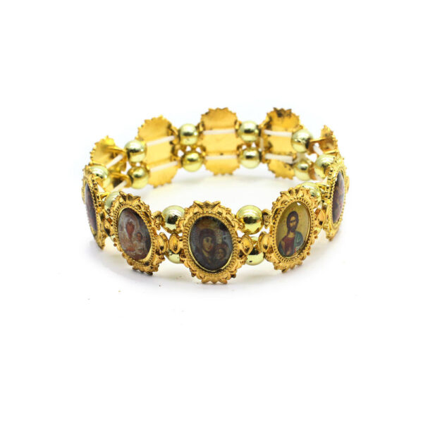 H08cb88df5e6a47448c91343a07106ce3C New Design Religious Metal Christ Golden Alloy Beaded Orthodox Icon Handmade Elastic Bracelet