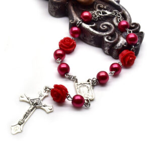 KOMI Pearl Large Resin Rose Rosary Bracelet Cross Pendant Religious Jewelry