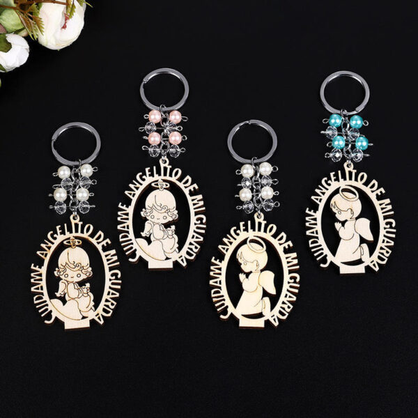 KOMI Hot Saling Baptism Keychain Little Angel Keyrings Wooden Boys and Girls Charms Key Chain Rings with Pearl Beads Keychains