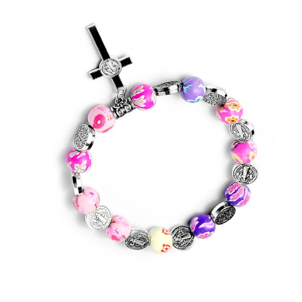 KOMI Wholesale 8mm Polymer Clay Rosary Beads Bracelet Hand String Elastic Bracelet with Cross Charm St.Benedict Beaded Bangles