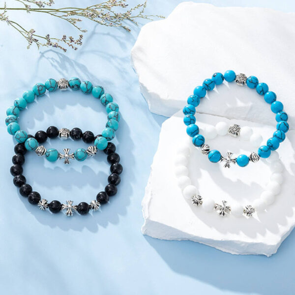 H0ffc25e84e43494da515a78635d90f03K KOMI Fashion Natural 8mm Gemstone Beaded Bracelets with Vintage Metal Cross Bracelet Turquoise Beads Stretch Bracelet for Unisex