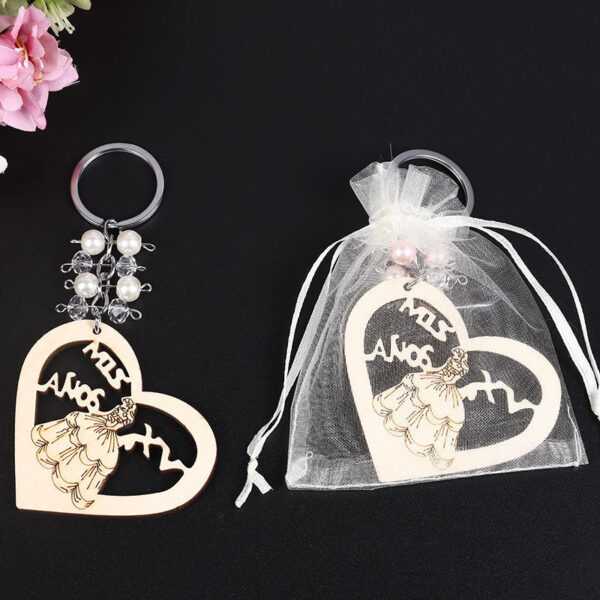 KOMI Custom Logo Engraved Heart Princess Promotion Souvenir Craft Keyring Pearl Key Chain Bag Key Ring Wood Keychains Keyrings