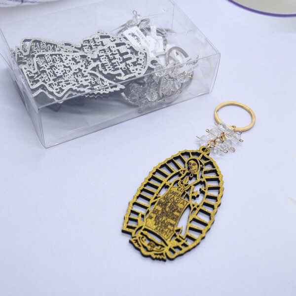 H10fd4b0cdb20450085bcbcf5ed7529a49 Foreign Trade Baptism Key Chain Wooden Card Key Chain Guadalupe Gold and Silver Powder Wedding Jewelry Pendant