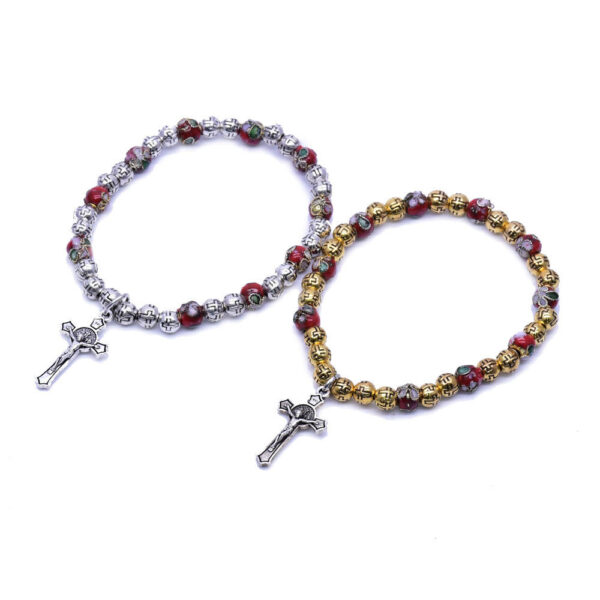 Wholesales 6mm Cloisonne Catholic Gif Cross Crucifix Prayer Beads Stretch Rosary Bracelet