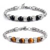 Komi Natural Tiger Eye Stone Bracelet Titanium Steel Adjustable Beaded String Bracelets Cuff Bangles for Men Birthday Gifts